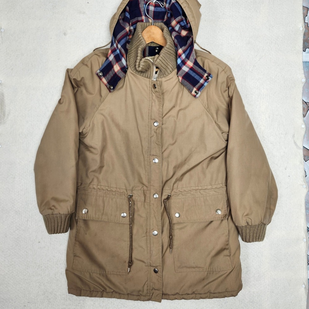 Vintage 70s 80s Tan Mountain Parka Hooded Jacket Plaid Lined Sears Utility 14 L - Picture 9 of 14
